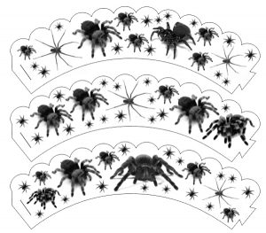 Printable paper cupcake wrappers with a spider-filled design.