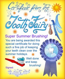 Free printable Tooth Fairy certificate for a child who has been brushing over the summer