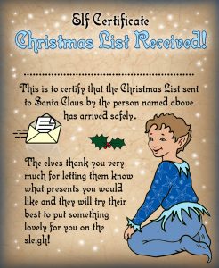 Free printable certificate from the elves saying a Christmas list has been received