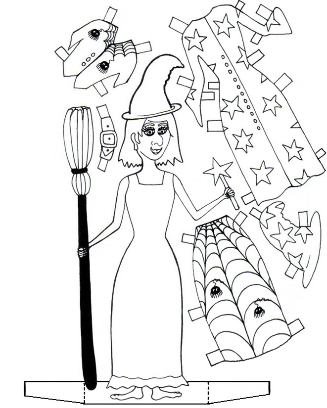 Paper Doll to Colour Halloween Witch Rooftop Post Printables