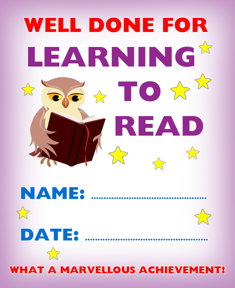 Free printable kids' certificate - well done for learning to read