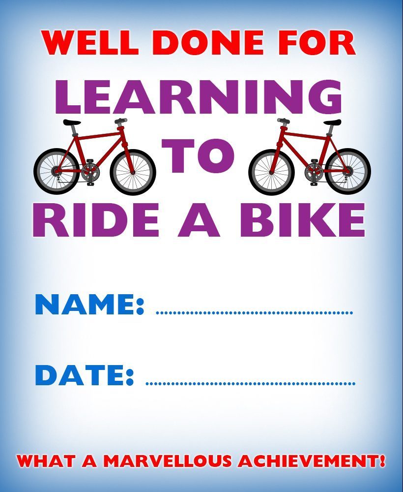 Kids' certificate to say well done for learning to ride a bike