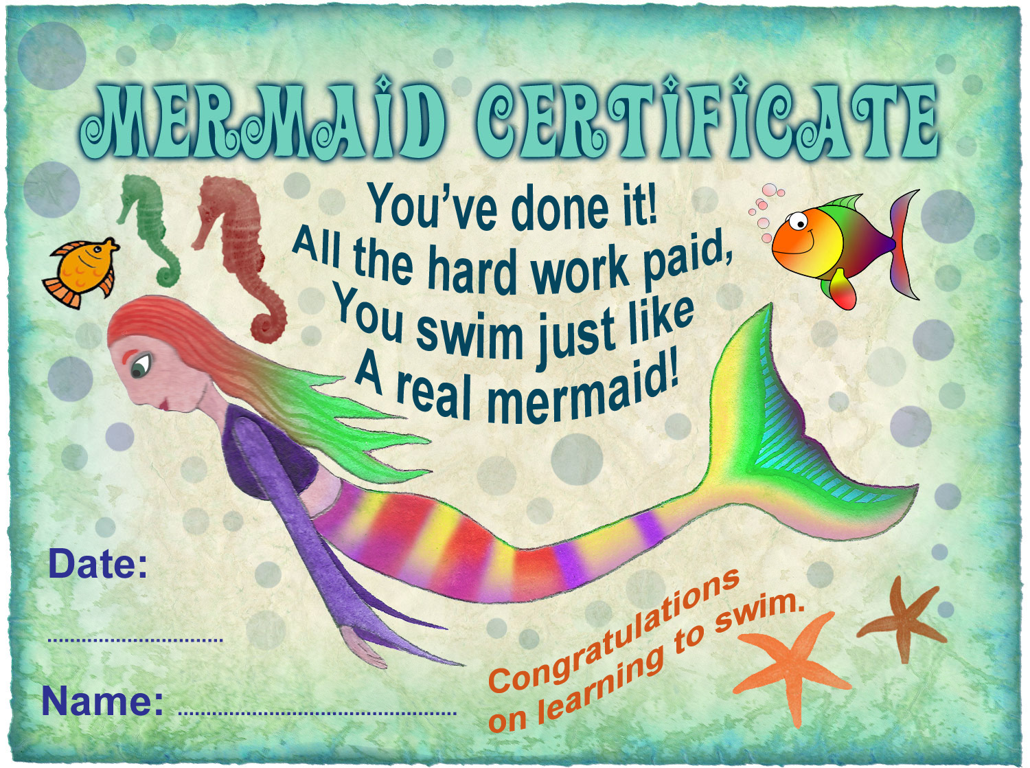 Learning to Swim - free mermaid certificate