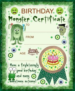 Printable monster birthday certificate