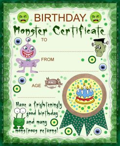 Printable monster birthday certificate