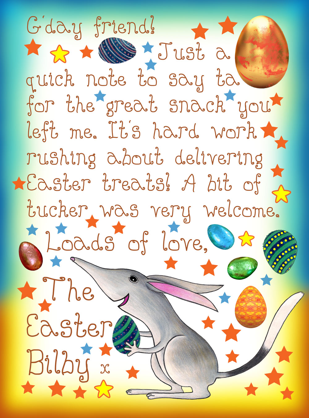 Letter from the Easter Bilby thanking you for the snack