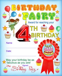 Award from the Birthday Fairy for reaching your fourth birthday