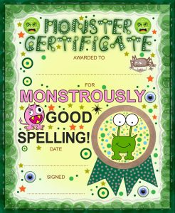 Monster certificate award for good spelling