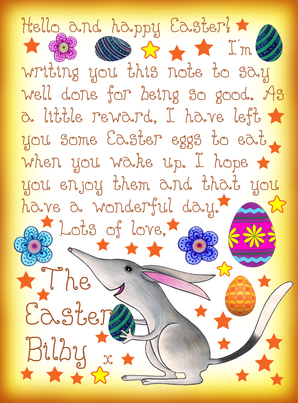 Easter Bilby note saying he has left you some Easter eggs