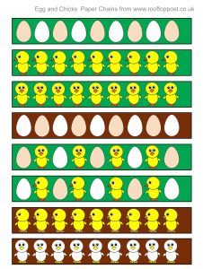 A selection of cute printable paper chains decorated with chicks and eggs