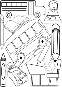 Printable colouring page with a back to school theme, includes pens, pencils and school buses