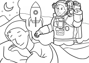 Printable colouring of a boy dreaming of being an astronaut.