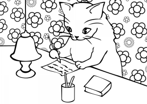 Printable colouring page of a cat writing a letter