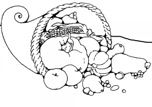 Printable colouring page of a Harvest Festival cornucopia