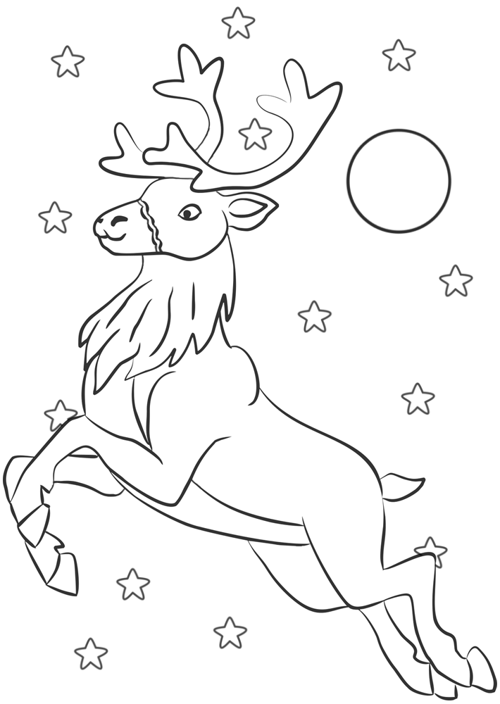 Printable colouring page of a reindeer flying through the night sky