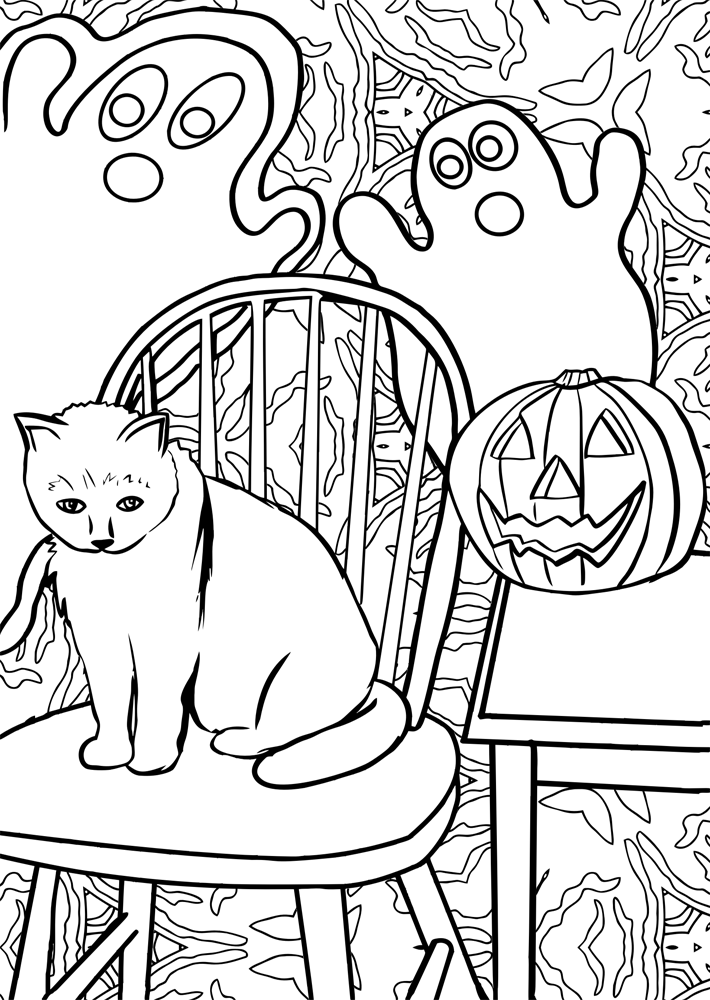 Printable colouring page of a car sitting on a chair beside a Halloween pumpkin and ghosts floating nearby