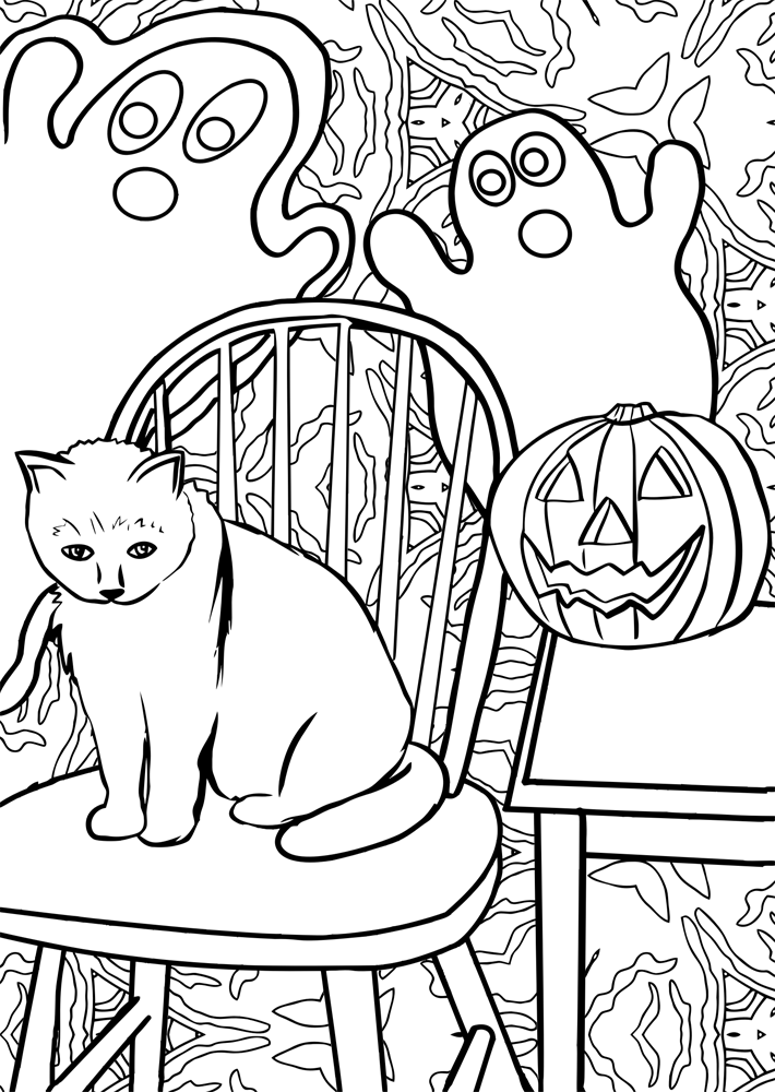 Colouring Halloween Ghosts and Cat Rooftop Post Printables