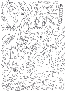 Printable colouring page of leaves, caterpillars and birds