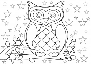 Printable colouring page of an owl sitting on a branch