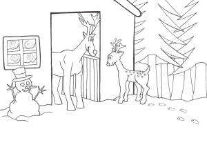 Printable colouring page of Rudolf the Reindeer in his stable.