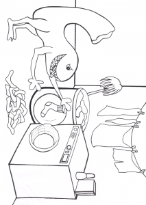 Printable colouring page of the Sock Monster, stealing socks. No wonder they go missing!