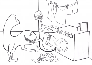 Printable colouring page of the Sock Monster, stealing socks. No wonder they go missing!