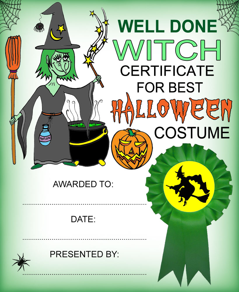 Printable witch-themed certificate for best Halloween Costume