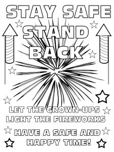 Printable fireworks safety poster for kids to colour in.
