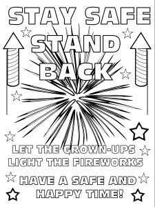 Printable fireworks safety poster for kids to colour in.