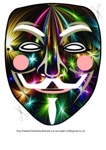 Guy Fawkes mask with a fireworks design to print and craft for Bonfire Night