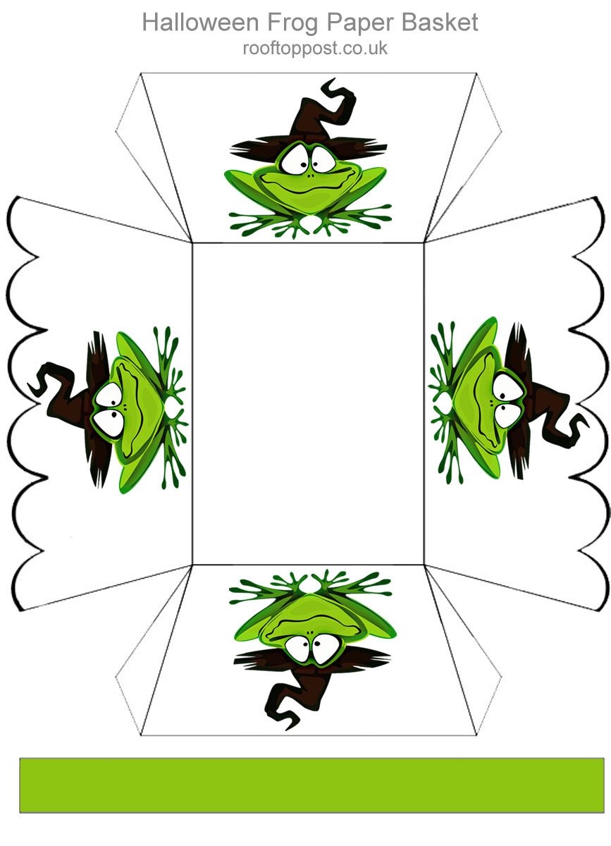 Printable paper basket decorated with frogs.