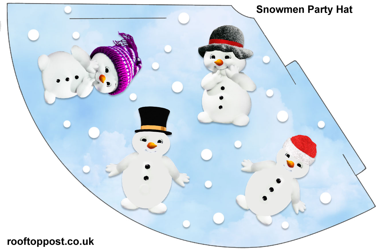 Printble party hat with a snowman design