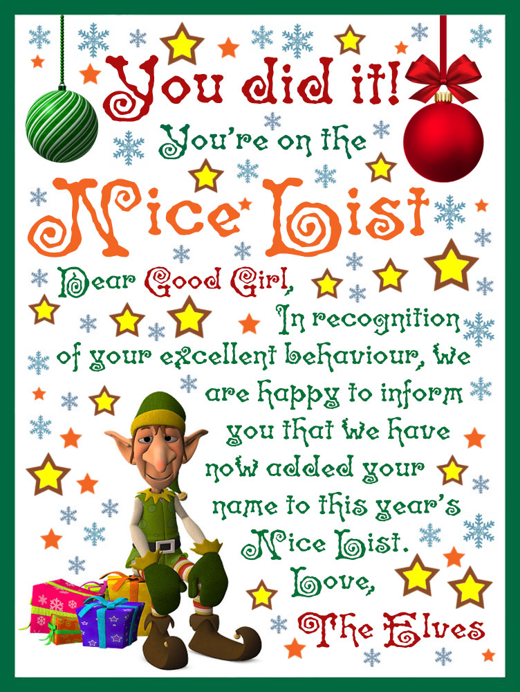 Printable confirmation that this girl is on Santa's Nice List