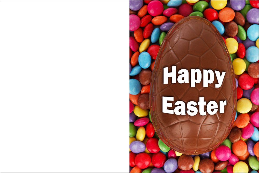 Printable Easter card of a chocolate egg surrounded by smarties.