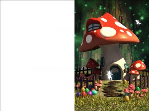 Printable Easter card of a fairy toadstool house in a magical woodland glade.