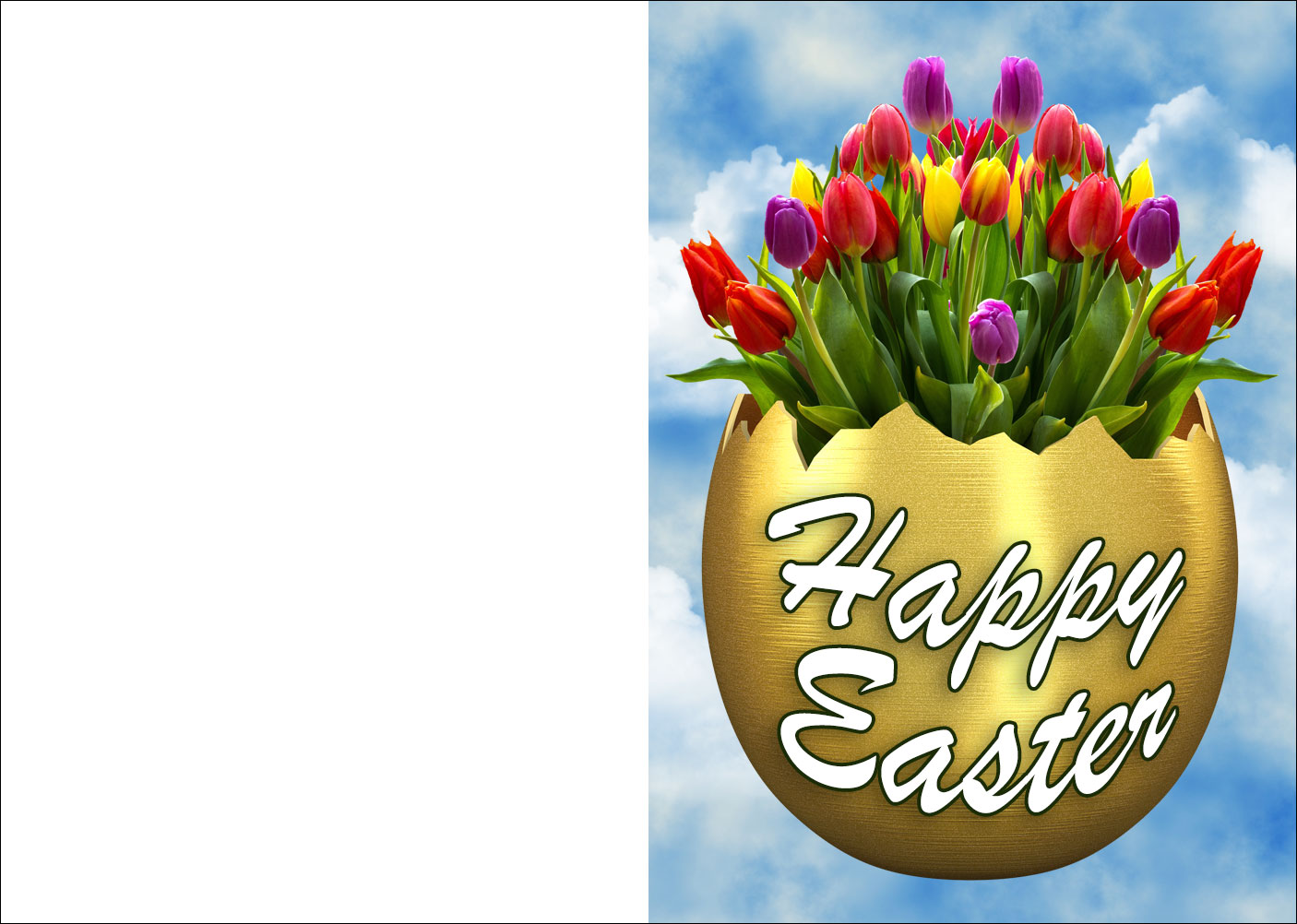 Printable Easter card of a golden egg containing tulips.