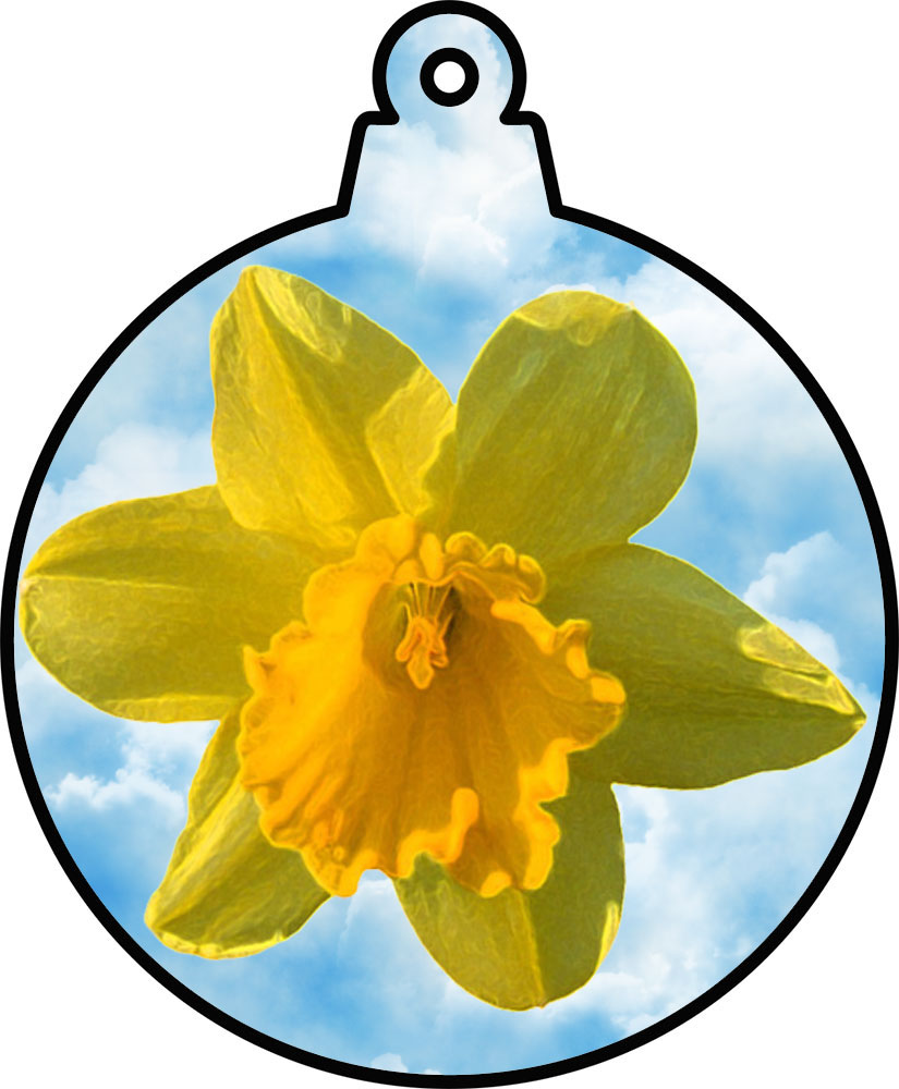Printable hanging ornament of a daffodil against a blue sky