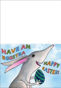 Printable Easter Bilby Greetings card picturing the Easter Bilby carrying an Easter egg.