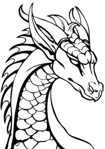 Printable colouring page of a dragon's head.