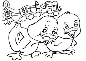 Printable colouring inpage picturing two chirruping spring chicks and the musical notes they are singing. Great for children to colour in.