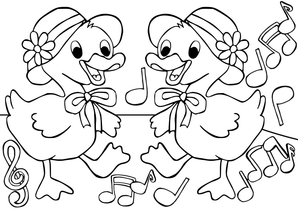 Printable colouring page for children, picturing two ducks dancing to music