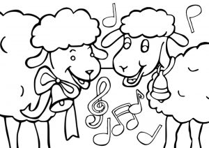 Printable colouring picture of two singing sheep.