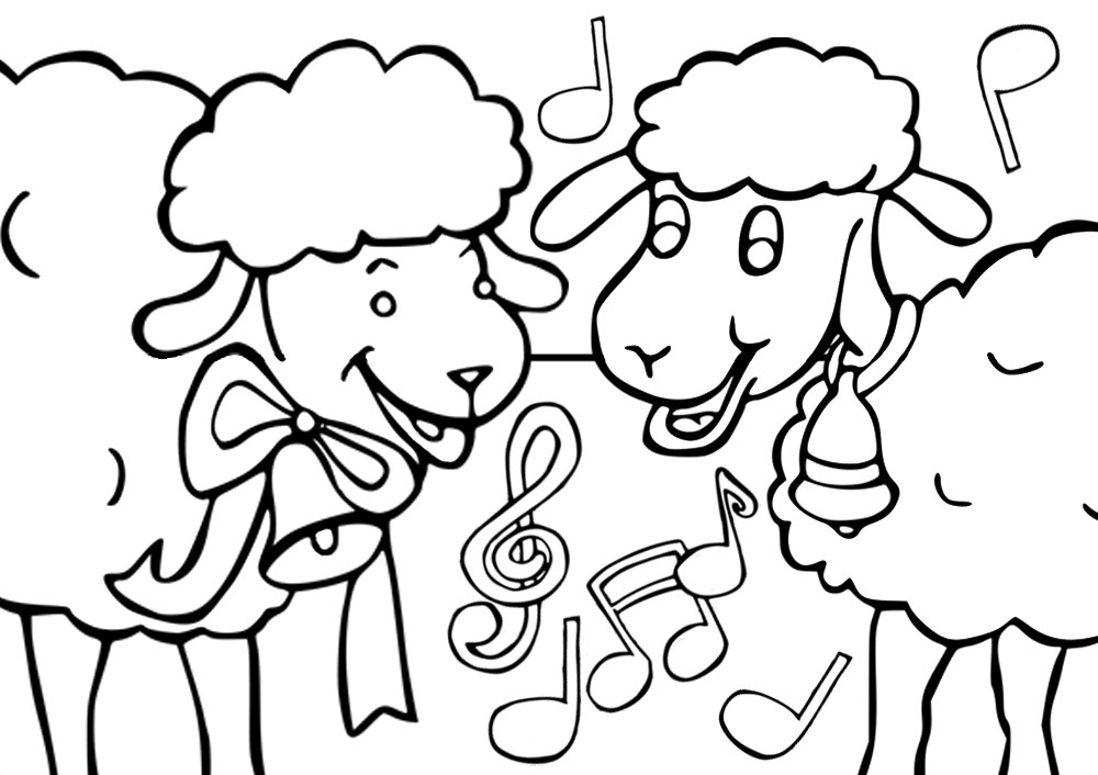 Printable colouring picture of two singing sheep.