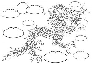 Kids colouring of a Chinese-style dragon flying through the sky