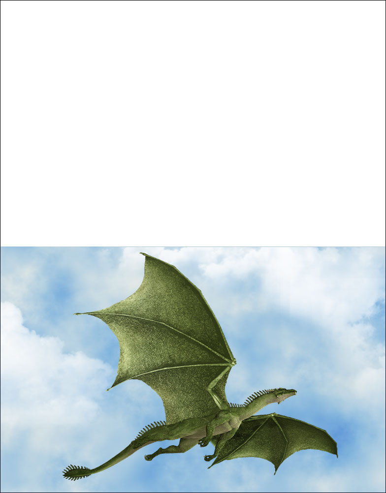 Printable blank greetings card picturing a green dragon in a blue sky.
