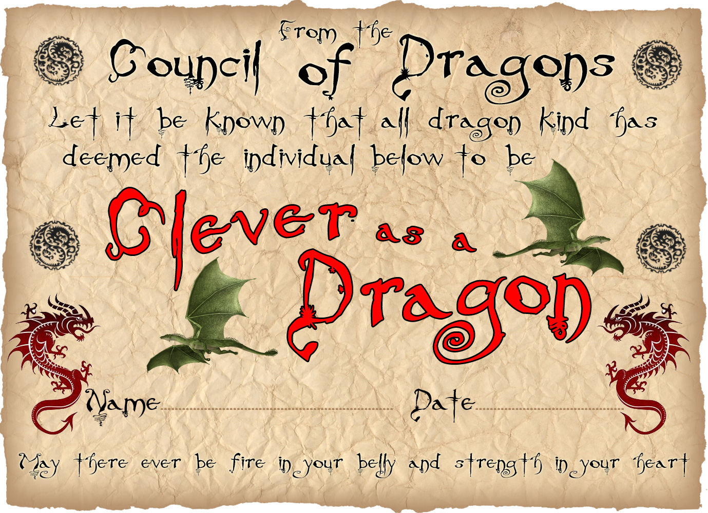 Printable children's certificate saying you've been as clever as a dragon.