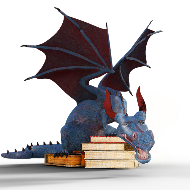 Blue dragon with a pile of books