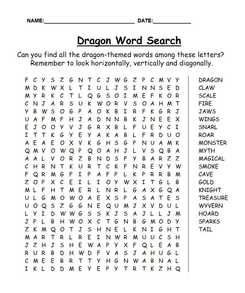 Printable dragon-themed word search