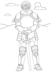Printable colouring page of a knight in armour