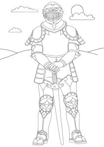 Printable colouring page of a knight in armour